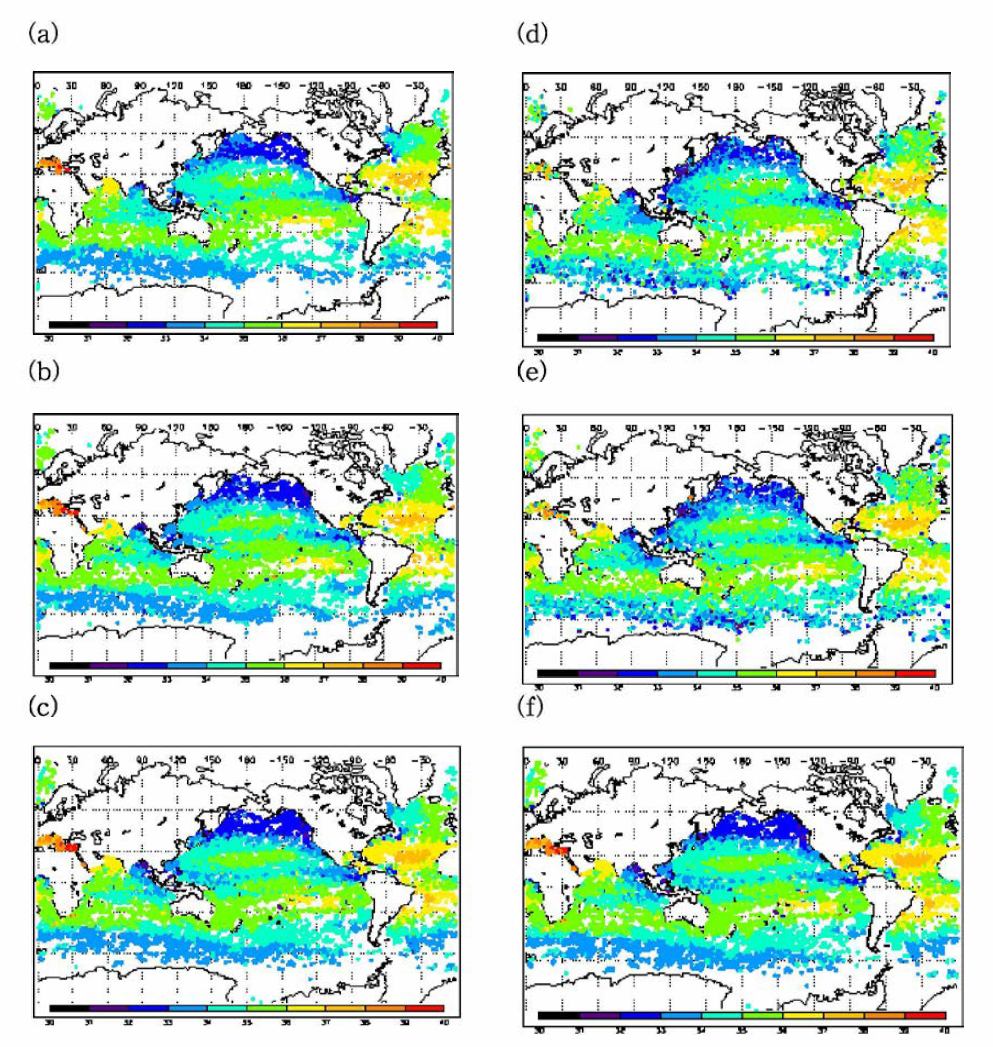 Spatial distribution of annual sea salinity (PSU) observed from Argo for (a) Sep. 2011-Aug. 2012，(b) Sep. 2012-Aug. 2013, (c) Sep. 2013-Aug. 2014, and salinity retrieved from Aquarius satellite for (d) Sep. 2011-Aug. 2012, (e) Sep. 2012-Aug. 2013, (f) Sep. 2013-Aug. 2014.