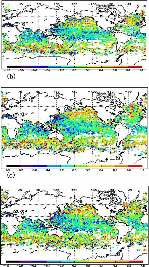 Spatial distribution of salinity (PSU) difference between Aquarius satellite and Argo for (a) Sep. 2011-Aug. 2012，(b) Sep. 2012-Aug. 2013, (c) Sep. 2013-Aug. 2014.