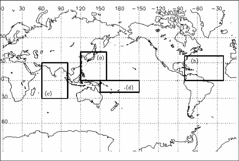Domain for analysis of SSS (sea surface salinity) time series which is used in Fig. 2.3.6. Rectangular boxes indicates (a) Northwestern Pacific Ocean, (b) North Atiantic Ocean, (c) Indian Ocean, and (d) SPCZ region.