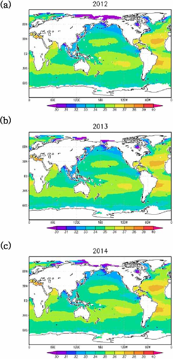 Spatial distribution of annual sea salinity (PSU) for year (a) 2012, (b) 2013, and (c) 2014.