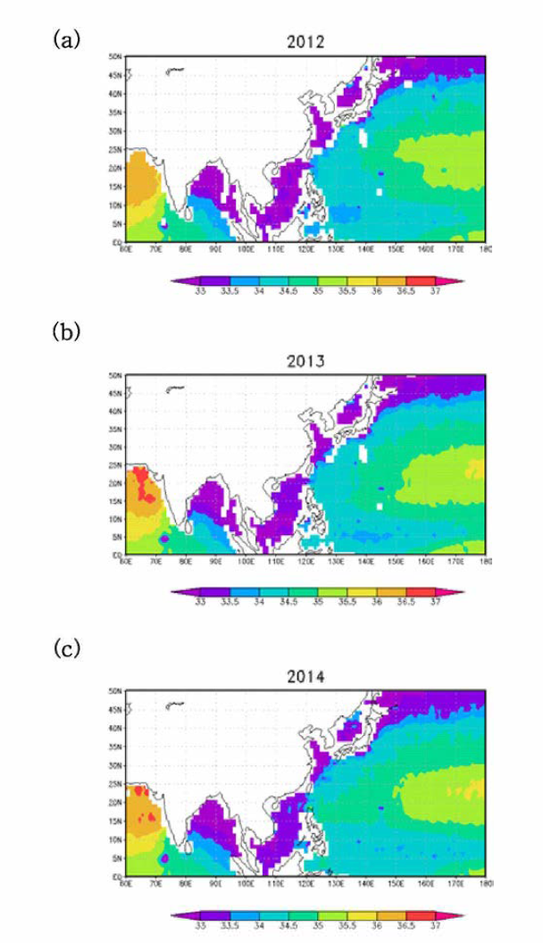Spatial distribution of annual sea salinity (PSU) over the Northwestern Pacific and northern Indian Ocean for year (a) 2012，(b) 2013, and (c) 2014.
