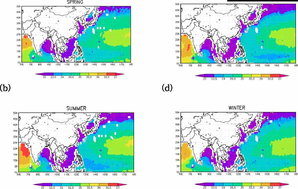 Seasonal distribution of sea salinity (PSU) over the Northwestern Pacific and northern Indian Ocean for (a) Spring, (b) Summer, (c) Autumn, and (d) Winter.