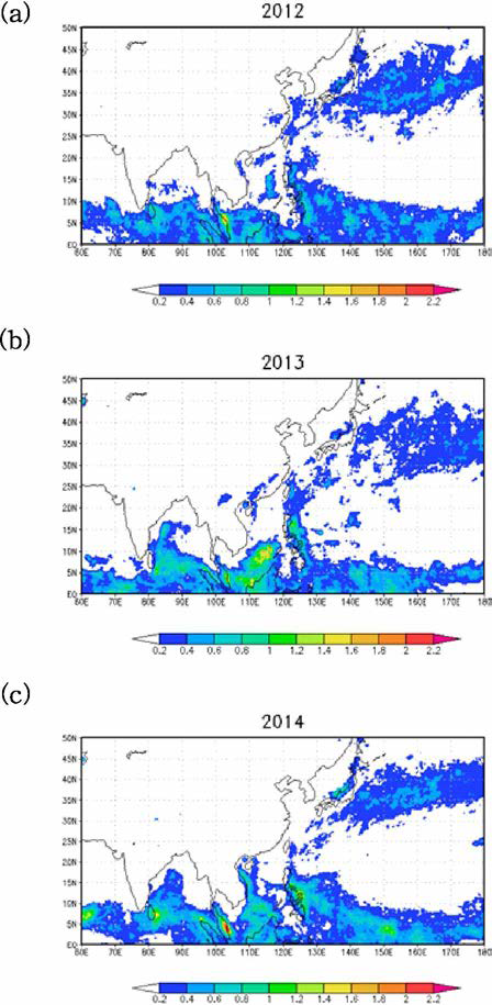 Spatial distribution of rain rate (mm hr-1) observed from TRMM for year (a) 2012, (b) 2013, and (c) 2014.