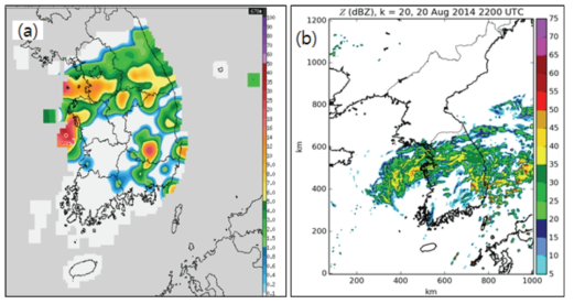 0700 KST 21 Aug 2014 (a) observed hourly rainfall intensity, (b)simulated reflectivity at level 20 of the LDAPS