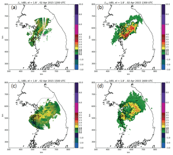 Observed ZDR (a) 2100 KST 02 Apr 2015 and (c) 0000 KST 03 Apr 2015 by YIT and Simulated ZDR (b) 2200 KST 02 Apr 2015 and (d) 0100 KST 03 Apr 2015 at 1.8o elevation