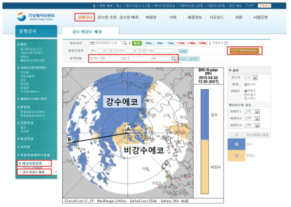 Example of precipitation and non precipitation information in the Weather Radar Display web-page.