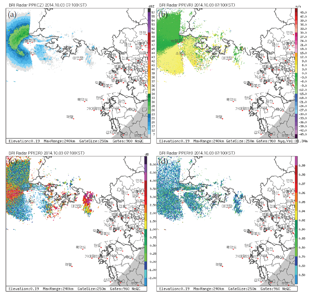 PPI images of the BRI radar at a 0.19° elevation angle at 0700 KST 03 Oct 2014 (a) corrected reflectivity (b) radial velocity (c) differential reflectivity, and (d) correlation coefficient