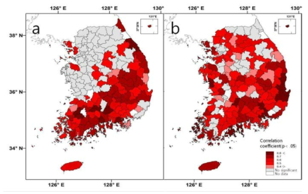 The relationship between intensity of extreme events and typhoon damages ((a) Maximum 1-hr precipitation, (b) Maximum wind speed)