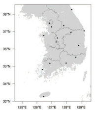 The distribution of 15 GNSS observation stations assimilated by KMA local model.