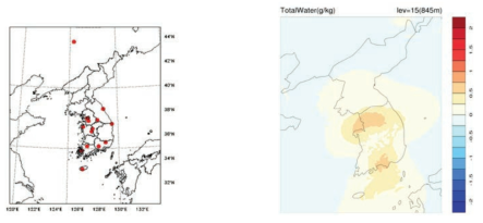(a) The location of GNSS observation sites assimilated by local model and (b) the difference of analysis increment between with and without ground GNSS at 0900 UTC 1 August 2014.