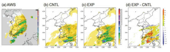 Distribution of the 24-hours accumulated precipitation for (a) CNTL, (b) EXP (c) AWS, and (d) difference of CNTL from EXP at 2100 UTC 7 July 2015(F03h).