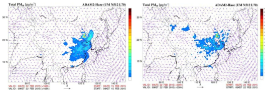 Spatial distributions of ADAM2-Haze-simulated surface PM10 (left) and assimilated surface PM10 (right) at 09 KST on 22 Feb 2015.
