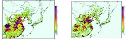 Spatial distributions of SO2 produced by INTEX-B (left) and MICS-Asia (right) inventories.