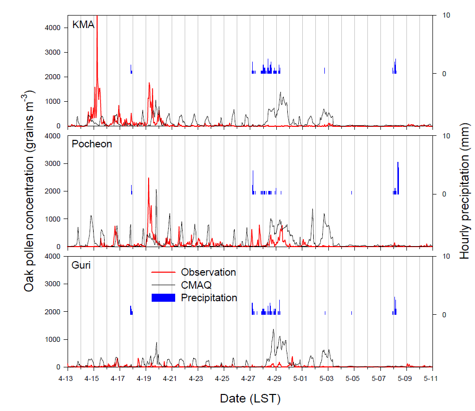 Observed and simulated hourly oak pollen concentration during the flowering season of 2014 at KMA, Pocheon, and Guri observational sites.