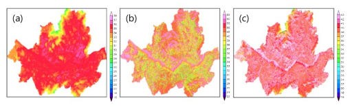 (a) Temperature distribution (TD’), (b) mean radiant temperature (Tmrt), and (c) perceived temperature (PT) over the Seoul city area on 1200 LST 5 Aug. 2012.