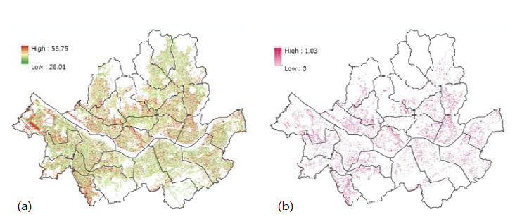 (a) Maximum perceived temperature (PTmax) and (b) excess mortality rate (rEM) over the residential areas of Seoul with district boundaries for the heat wave event of 5 Aug. 2012