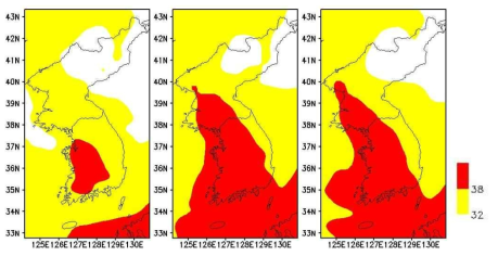 Daily distribution of PT (℃) on (a) 3 August, (b) 7 August, and (c) 8 August in 2015