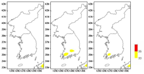 Daily distribution of maximum temperature (℃) using GloSea5 (a) 3 August, (b) 7 August, and (c) 8 August in 2015.