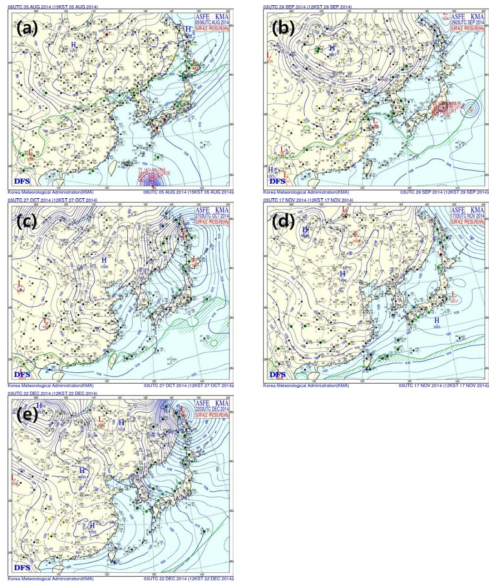 Surface weather chart for (a) Exp(8), (b) Exp(9), (c) Exp(10), (d) Exp(11), and (e) Exp(12).