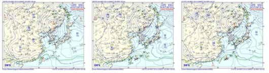 Surface weather chart at ramp-up event (0400 LST 5 May 2014) and ramp-down event (0600 LST 5 May 2014).