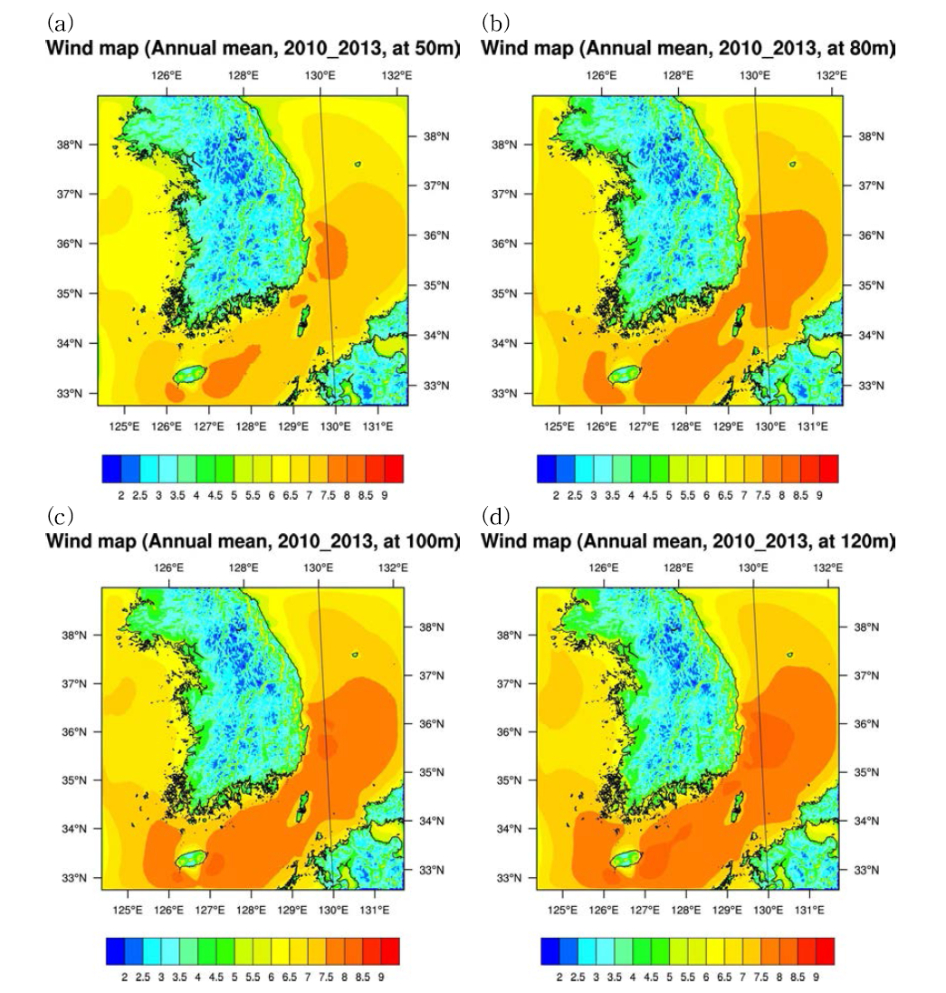 Average wind speed distribution at (a) 50 m, (b) 80 m, (c) 100 m, and (d) 120 m for 2010 – 2013