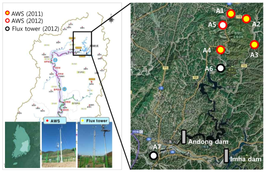 Hydrometeorological observation network on the Andong Dam basin, the stations are Docheonri(A1), Sangri(A2), Nammyeonri(A3), Gasongri(A4), Punghori(A5), Woncheonri(A6), and Okdong(A7).