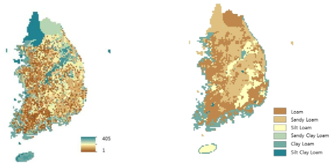 New (left) and existing (right) soil type distribution at every 5 km × 5 km grid point in Korea