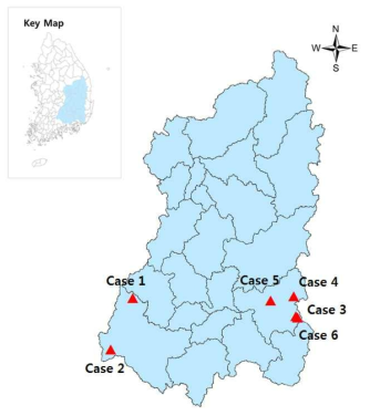 Locations of 6 flash flood cases in Nakdong river basin.