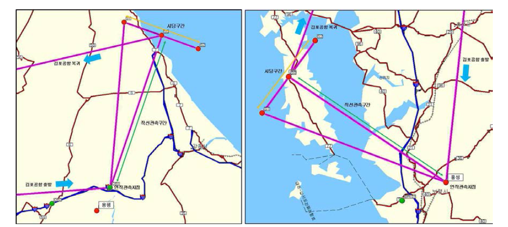 Example of flight path design in the airborne experiment for snowfall enhancement in Daegwallyeong (left) and western coast area (right).