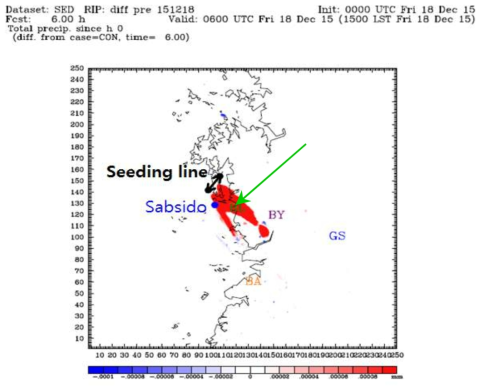 Result of WRF model simulation. Black arrow is the seeding line and arrowed point is the Boryeong snow observation station