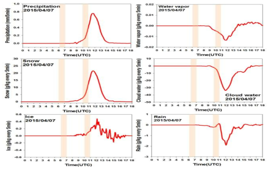 Time series of precipitation and cloud microphyics variables (snow, ice, rain, cloud water, water vapor) from SED-CON