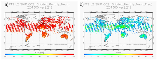 a) gridded-monthly-averaged GOSAT XCO2 in May 2013 and b) their sample sizes.