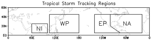 Tropical storm tracking regions: North Atlantic (NA), Eastern Pacific (EP), Western Pacific (WP), North Indian Ocean (NI).