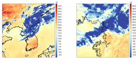 Initial view area(left: Korean peninsular, right: Seoul and capital region) of the LST computation system for the MODIS data.