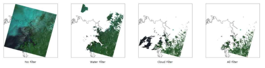 The resultant Landsat images obtained by applying the water and the cloud filters