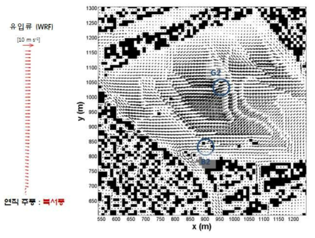 Wind vector fields at z=2.5 m around the Seonjeongneung area at 00 LST on October 22, 2013
