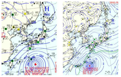 Surface weather maps at October 22nd(left) and 23rd(right), 2013(KMA).
