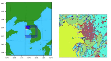 Domains of (a) the 5-km resolution for the Korean peninsula and (b) the 1-km resolution Seoul capital region for the ensemble precipitation probability prediction system