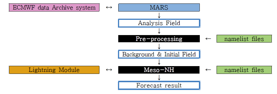A flowchart of the lightning dynamical prediction system.