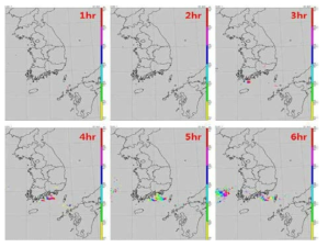 Observed distributions of the lighting flash densities for 6 hours on July 5, 2012.