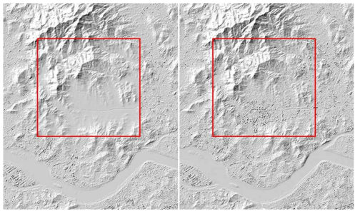 Comparison of the DSM data (a) before and (b) after the DEM improvement.