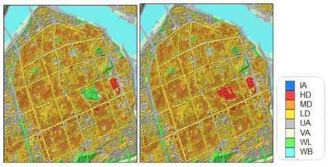 Areal types produced from DTM, DSM, and LC data for the caseof the urban green area (Seonjeongneung) existence (left) or not (right).