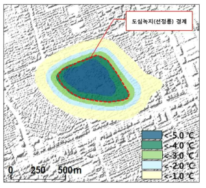 Distribution map of air temperature difference between the presence and absence of the urban green area (Seonjeoneung).