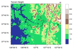 The model experiment domain. Topography is shaded with intervals of 50m. Radiosonde and surface energy balance flux observation sites are shown as star and filled circle respectively