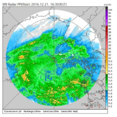 BRI radar site rainrate PPI on 1630 KST 21 Dec 2016