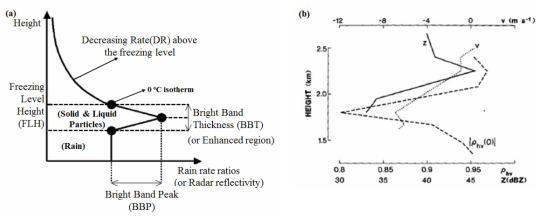 (a) Conceptualization of the Vertical Profile of Reflectivity and Structure of Bright Band and (b) Changes on polarimetric variables in melting layer