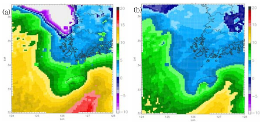 KLAPS analysis temperature field near Jindo. (a) 1000hPa and (b) 900hPa temperature at 2000 KST 17 Jan 2016