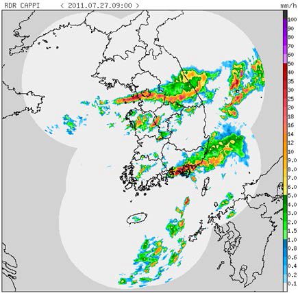Hourly rainfall rate (mm h-1) from radar observation at 0900 KST 27 Jul 2011