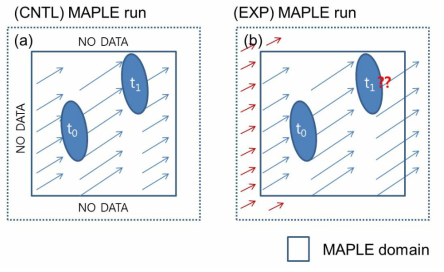 Schematic figures for MAPLE experiment of (a) control run (CNTL) and (b) extended domain run (experiment run, EXP).