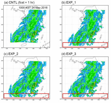 MAPLE rainfall forecasts of (a) CNTL, (b) EXP_1, (c) EXP_2, and (d) EXP_3.